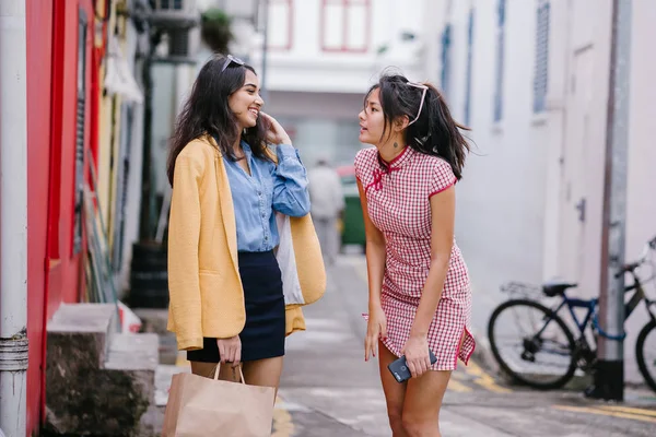 つは一緒に路地を歩いて親友します 両方を着ている流行のレトロな服と手を繋いで一緒に楽しく歩いて つは中国語 その他のインド — ストック写真