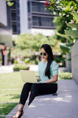 Genç ve çekici bir Asyalı kadın öğrenci oturur ve gün boyunca bir üniversite kampüsünde onu dizüstü bilgisayar üzerinde çalışır. O gelişigüzel giyinmiş ve o çalışmalar gibi güneş gözlüğü bir çift var. 