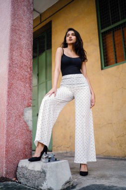 Genç, uzun boylu, ince ve zarif Hint Asyalı kadın Asya bir sokakta gündüz poz bir gündelik kıyafeti