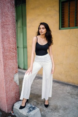 Genç, uzun boylu, ince ve zarif Hint Asyalı kadın Asya bir sokakta gündüz poz bir gündelik kıyafeti