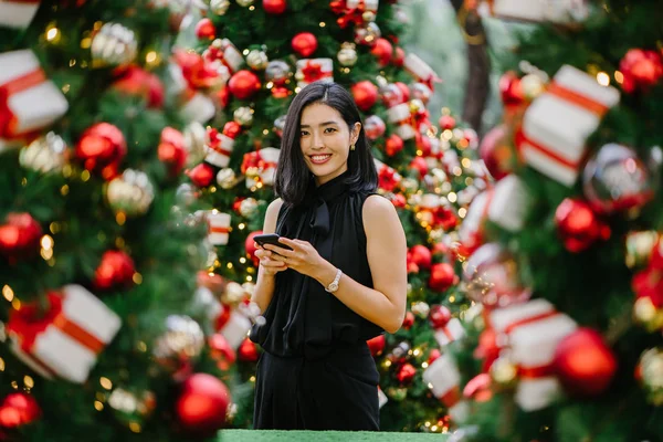 美しい 若い韓国のアジアの女性の肖像画彼女 Beholds はクリスマスの装飾に驚嘆と笑みを浮かべて — ストック写真