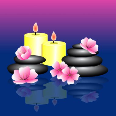 Mavi pembe renkli Spa elemanları ile. Spa taşlar, pembe beyaz çiçekler, mumlar. Vektör çizim.