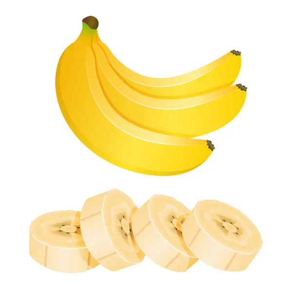 Bando Três Bananas Pedaços Banana Fatiados Isolados Fundo Branco Ilustração — Vetor de Stock