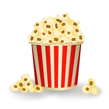 Beyaz arka plan üzerinde izole patlamış mısır ile kırmızı beyaz kova. Vektör çizim.