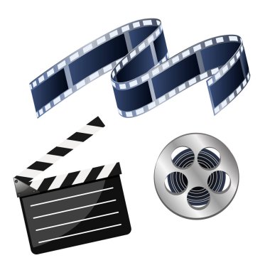 Vektör çizimler sinema filmi, film ve beyaz arka plan üzerinde izole siyah Klaket ile coil oluşan dizi.