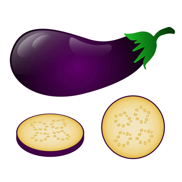 Dunkelviolette Aubergine Und Ihre Stücke Isoliert Auf Weißem Hintergrund Vektorillustration — Stockvektor