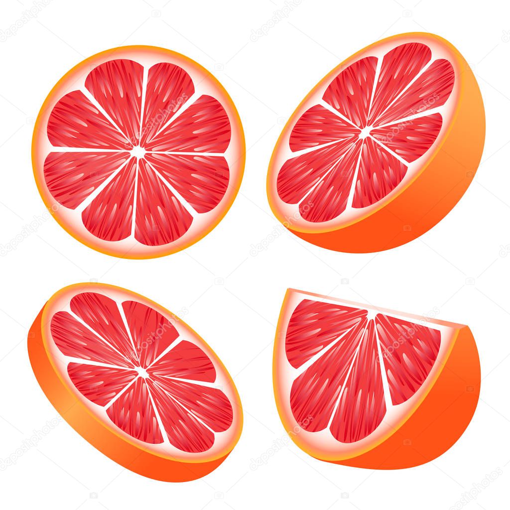 Set of pink grapefruit slices isolated on white background used as a design element. Vector illustration.