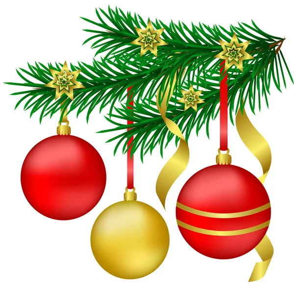 Beyaz bir arka plan üzerinde kırmızı ve altın Noel topları ile şube Noel ağaçları. Vektör çizim.