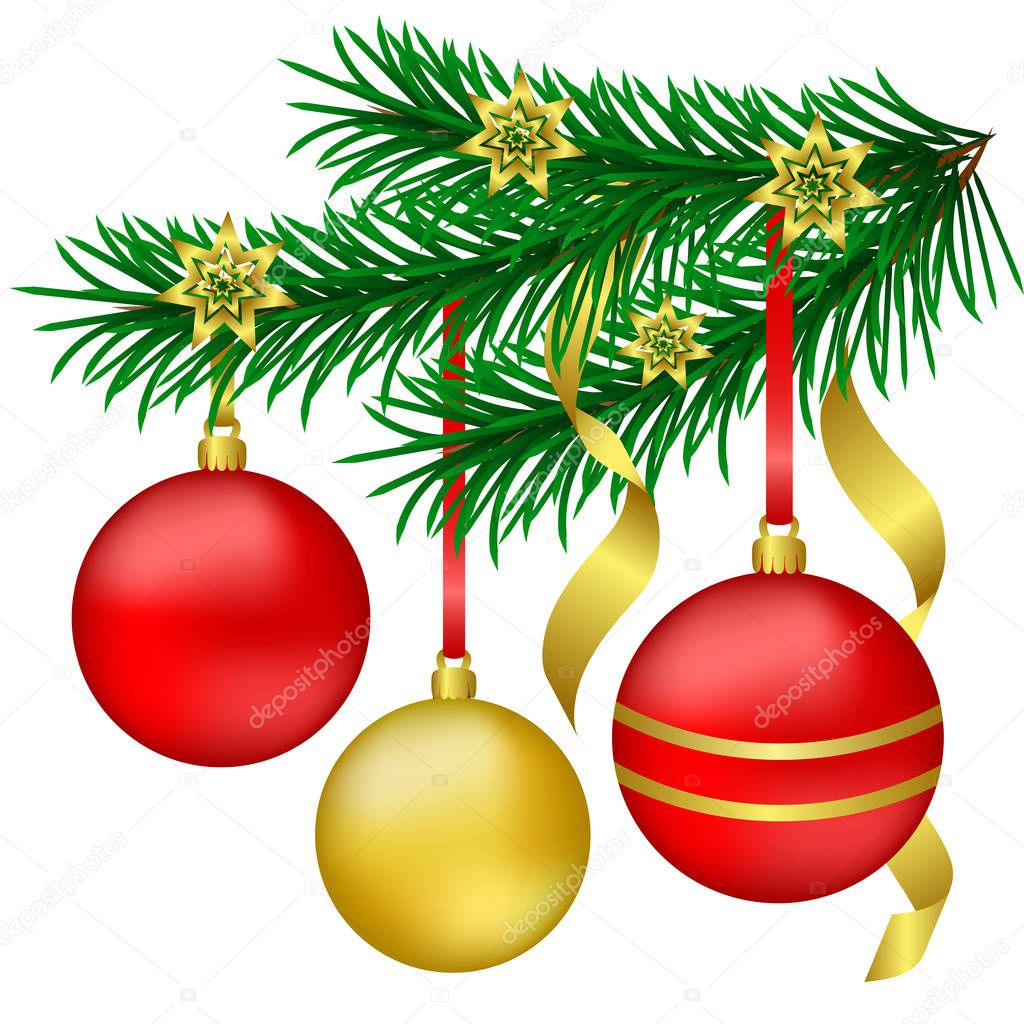 Branch Christmas trees with red and gold Christmas balls on a white background. Vector illustration.