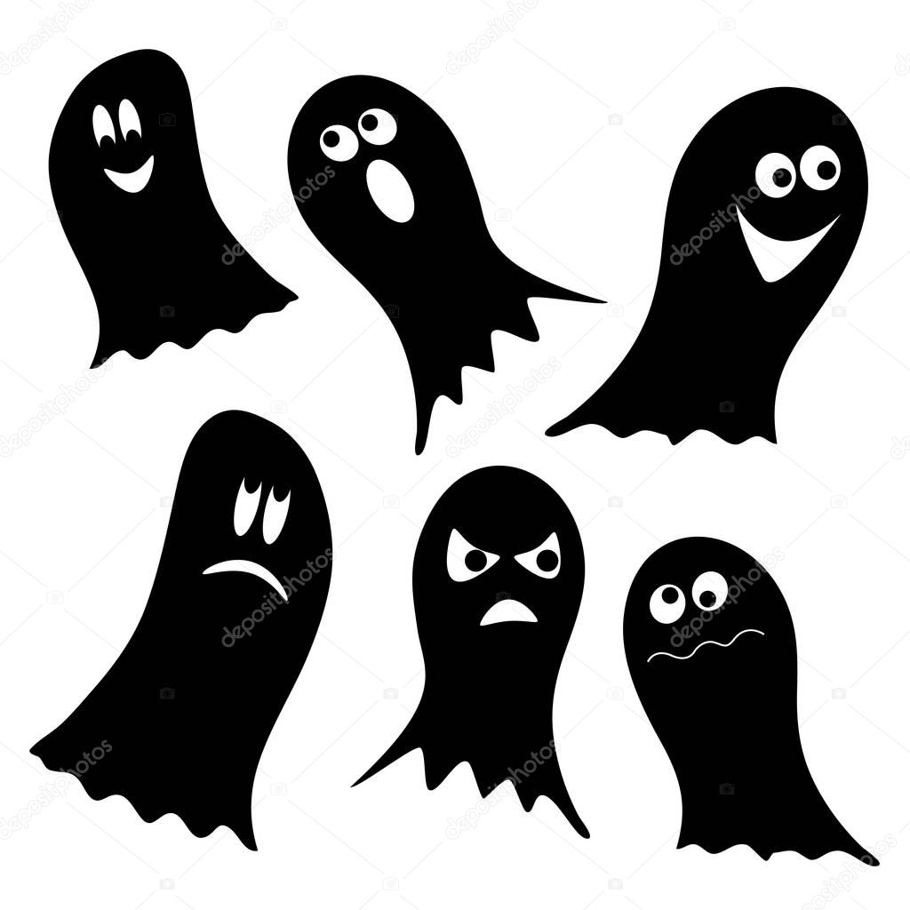 Set of black ghosts isolated on white background for Halloween. Vector illustration.