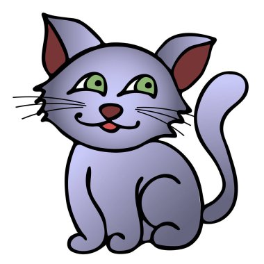 Yeşil gözlü beyaz arka plan üzerinde izole gri mutlu kedi. Vektör çizim, düz tasarım.