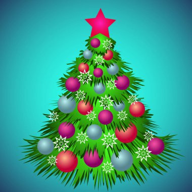 Yeşil Noel ağacı oyuncaklar ve mavi bir arka plan üzerinde yıldız ile dekore edilmiştir. Vektör çizim.