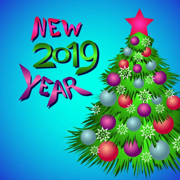 颜色题字新年和圣诞树与圣诞树球在蓝色背景与星 矢量插图 — 图库矢量图片