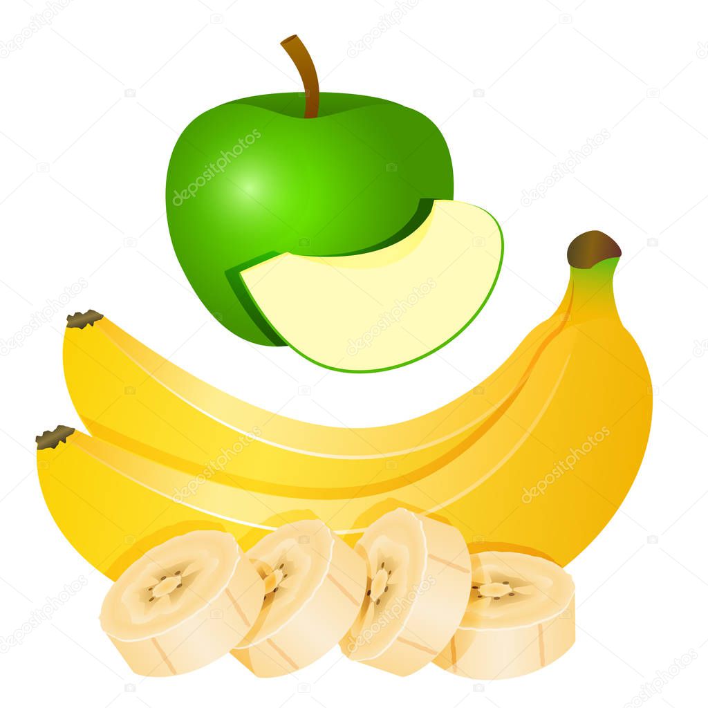 Two yellow bananas and chopped banana slices and a green Apple with a piece of Apple. Vector illustration.