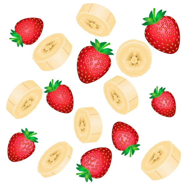 Fragole Rosse Cadenti Fette Banana Gialle Isolate Fondo Bianco Illustrazione — Vettoriale Stock