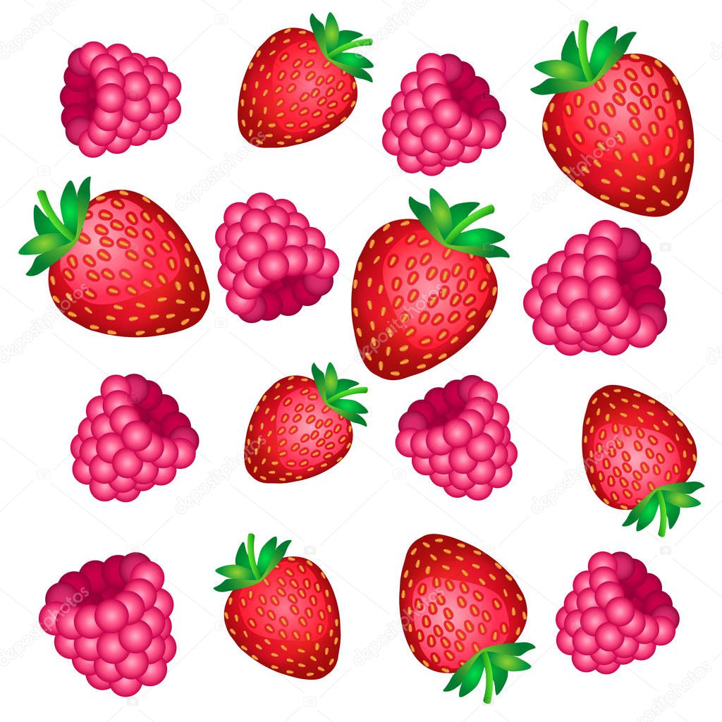 The falling of the red berries of strawberry and raspberry pink on a white background. Vector illustration.