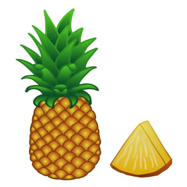 Sarı-turuncu ananas yeşil yaprakları ve beyaz arka plan üzerinde izole ananas bir parçası ile. Ananas vektör çizim.
