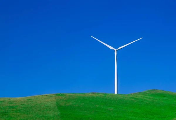 The industrial wind generator stands on green grass against the blue sky, energy conservation concept