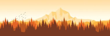 Bir sonbahar dağ sırasının panoramik vektör arka planında yoğun çam ormanı silueti web sitesi başlığı veya afişi için idealdir