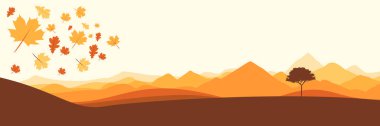 Sakin bir sonbahar ormanı sahnesinin geniş vektör çizimi. Akçaağaç ve meşe yaprakları rüzgarda savruluyor. Şükran Günü başlığı için mükemmel.