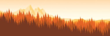 Bir sonbahar dağ sırasının panoramik vektör arka planında yoğun çam ormanı silueti web sitesi başlığı veya afişi için idealdir