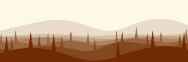Modern bir web sitesi afişi için tek renkli kahverengi renk paletindeki katmanlı orman ve tepelerin minimalist düz tasarım vektörü