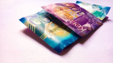 Beyaz banknotlar üzerine 100 ve 200 Kenya banknotları, biri katlanmış. Görüntü Nairobi 'de çekildi. Ülkedeki yeni nesil para yüzünden. Nakit 1200 dolar. Para, para. Uzayı kopyala Çeşitlilik.