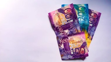 Beyaz arka planda 100 ve 200 Kenya banknotları. Görüntü Nairobi 'de çekildi çünkü ülkede yeni para üretildi. Para birimi, kopyalanmış para.