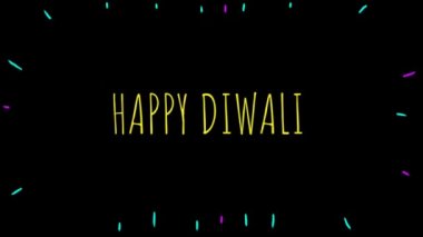 Mutlu diwali kelimeleri. Kelimelerden çıkan ve yayılan iki renkten oluşan patlayan havai fişekler var. Arkaplan, gece gökyüzü gibi kapkara.