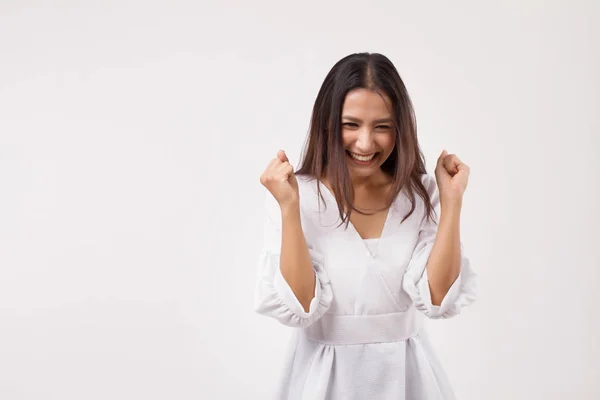 Excitado Asiático Mujer Buscando Hasta — Foto de Stock