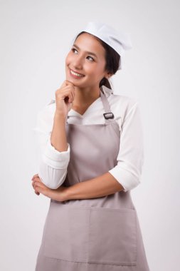 mutlu gülümseyen düşünceli Asyalı kadın ev işlerinde yardımcı düşünce planı gelecek fikir, gelecekteki fikir, kız kadın dükkan, ev kadını, kızı ile temiz planlama düşünme kadın hizmetçi, kadın hizmetçi ile