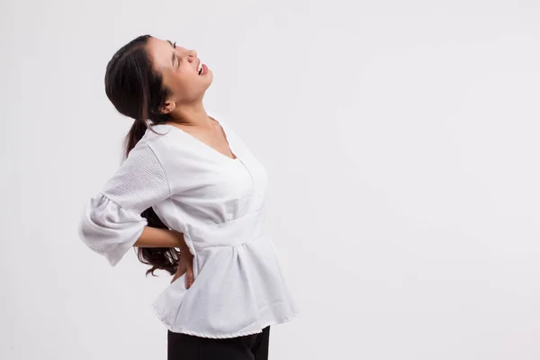 Mujer Que Sufre Dolor Espalda Columna Vertebral Lesión Muscular Espinal — Foto de Stock