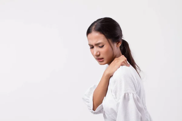 Mujer Con Dolor Hombro Cuello Rigidez Lesión — Foto de Stock