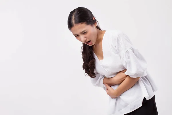 Kvinna Med Menstruation Kramp Smärta Buken Magsmärta Matförgiftning — Stockfoto