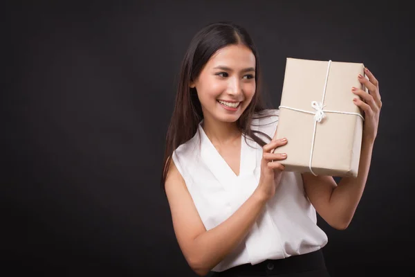 asian woman holding parcel box, shopping delivery concept