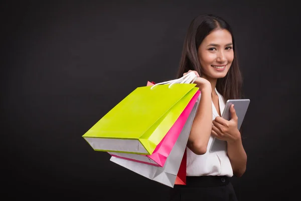 Shopping Donna Con Tablet Computer Shopping Online — Foto Stock