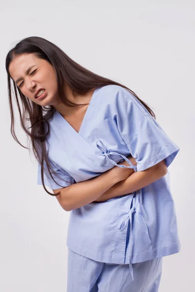 Mujer Con Dolor Estómago Calambre Menstrual Dolor Abdominal Intoxicación Alimentaria — Foto de Stock