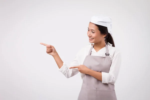 Feliz Sorrindo Confiante Asiático Mulher Apontando Para Cima Empregada Doméstica — Fotografia de Stock