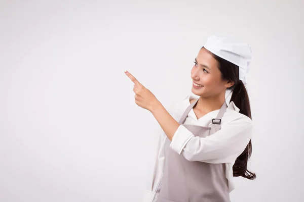 Feliz Sorrindo Confiante Asiático Mulher Apontando Para Cima Empregada Doméstica — Fotografia de Stock
