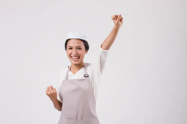 Feliz Riendo Emocionado Éxito Profesional Asiático Mujer Trabajadora Doméstica Mirando — Foto de Stock