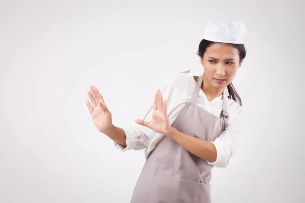 Ernsthaft Gestresst Traurig Unglücklich Asiatische Hausangestellte Nein Sagen Mit Stop — Stockfoto