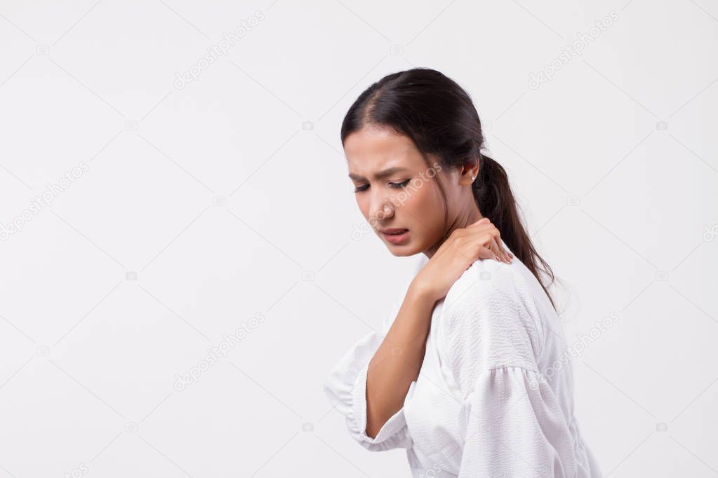 woman with shoulder or neck pain, stiffness, injury