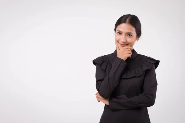 Asyalı Kadın Portre Gülümseyen Mutlu Izole Studio Gülümseyen Rahat Olumlu — Stok fotoğraf