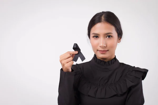 Sad Woman Hand Holding Black Ribbon Bow Sad Unhappy Mourning — Stock Photo, Image