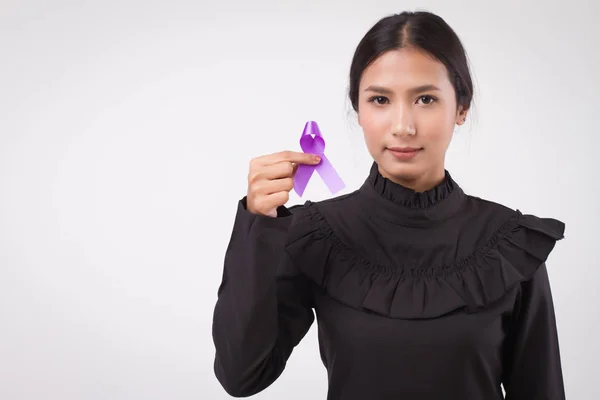 Woman Hand Holding Purple Ribbon Bow Lupus Lse Alzheimer Awareness — Stock Photo, Image