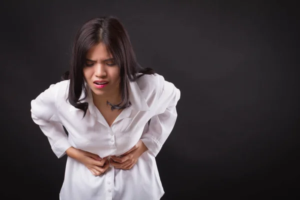 Mujer Con Dolor Estómago Calambre Menstrual Dolor Abdominal Intoxicación Alimentaria —  Fotos de Stock