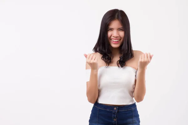 Animado Feliz Mulher Expressão Espantado Surpreendido Asiático Mulher Retrato Estúdio — Fotografia de Stock