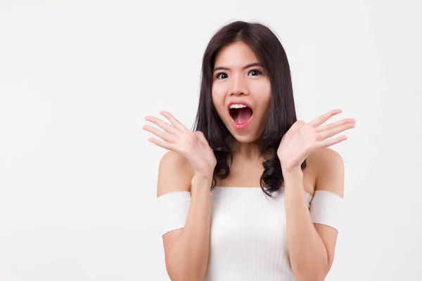 Emocionado Feliz Mujer Expresión Sorprendido Sorprendido Mujer Asiática Retrato Estudio — Foto de Stock