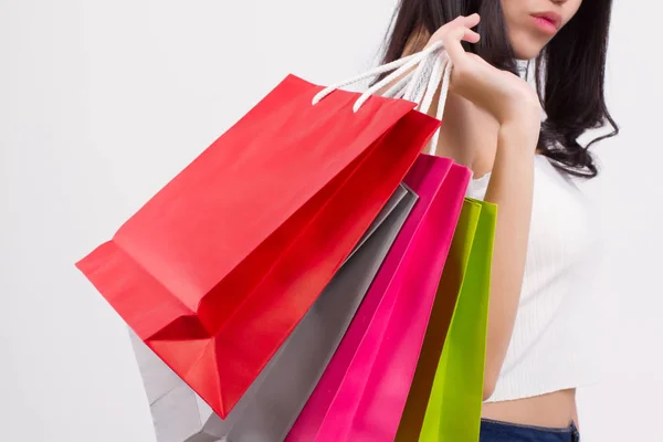 Felice Sorridente Ragazza Shopping Donna Eccitata Tenendo Borsa Della Spesa — Foto Stock