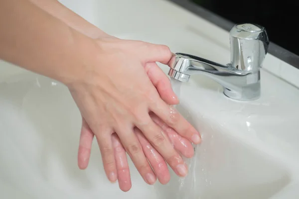Happy Woman Handwash Close Hand Portrait Asian Woman Washing Her — Fotografia de Stock